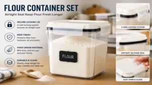 flour container set featuring secure locking lids and airtight seals for long-lasting freshness