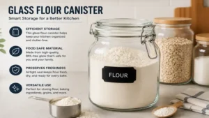 Glass flour canister providing smart storage for flour and baking essentials