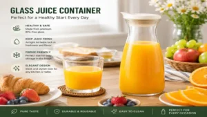 Glass juice container served on a healthy breakfast table with fruits and pastries