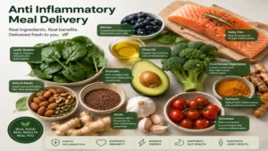 Fresh ingredients commonly used in anti inflammatory meal delivery including berries, vegetables, and fish