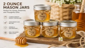 Honey stored in 2 ounce mason jars with secure lids for easy gifting