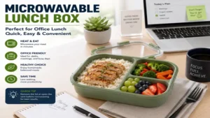 Microwavable lunch box on an office desk providing a healthy, portable lunch for busy professionals.
