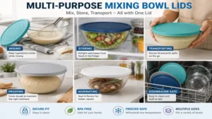Mixing bowl lids used to cover ingredients while mixing, storing, and transporting food