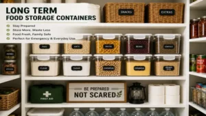 Pantry organized with long term food storage containers for emergency food supplies