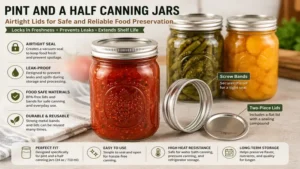 Close-up of pint and a half canning jars with airtight lids for safe food preservation