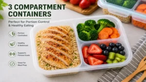 Healthy portion-controlled meals packed in 3 compartment containers