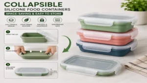 Collapsible silicone food containers designed to save space when not in use.