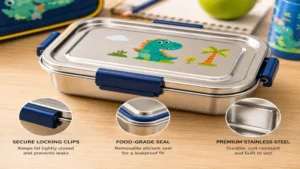 Close-up of a durable stainless steel kids lunch box with secure locking clips