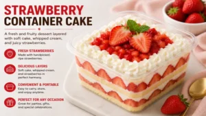Fresh strawberry container cake with whipped cream and juicy berry layers