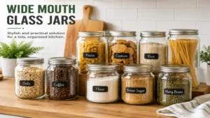 wide mouth glass jars displayed on a clean and organized kitchen countertop