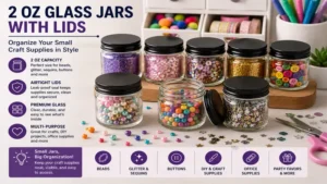 2 oz glass jars with lids organizing beads, glitter, and small craft supplies on a workspace.