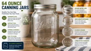 Close-up of durable 64 ounce canning jars featuring thick glass construction, wide-mouth design, and secure sealing lids.