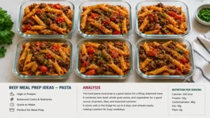 Healthy beef meal prep ideas featuring lean beef pasta with tomato sauce and vegetables