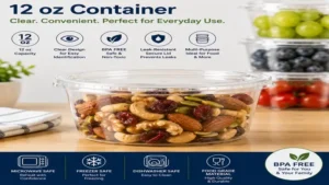 Clear 12 oz container displaying contents for easy kitchen organization.