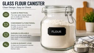 Clear glass flour canister makes it easy to monitor flour levels at a glance