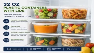 Disposable 32 oz plastic containers with lids for restaurants, catering, and meal delivery