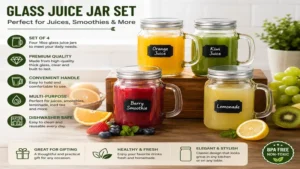 Glass juice jar set with assorted fresh juices for everyday use