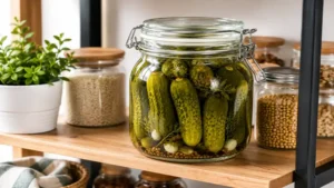 Glass pickle jar displayed in a modern kitchen pantry for food storage