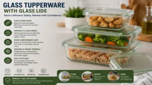 Glass tupperware with glass lids storing leftovers safely for easy reheating and serving