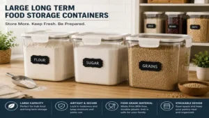 Large long term food storage containers storing flour, sugar, and grains for extended use