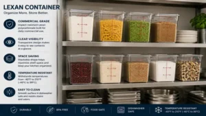 Lexan container arranged on kitchen shelves for efficient storage