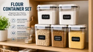 Pantry flour container set storing flour, sugar, oats, and other baking essentials in an organized way