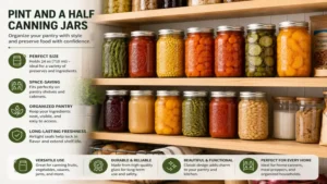 Pint and a half canning jars organized on pantry shelves for long-term storage