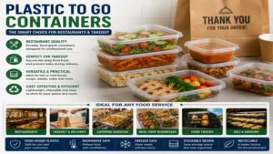 Plastic to go containers commonly used by restaurants for takeout and catering