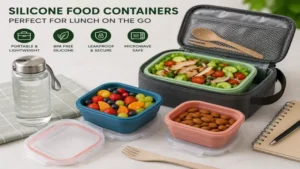 Portable silicone food containers packed with fresh lunch for work or school.