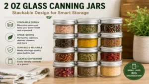 Stackable 2 oz glass canning jars neatly organized to maximize pantry storage space