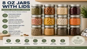 Stackable 8 oz jars with lids arranged to maximize pantry storage and keep everyday essentials organized.