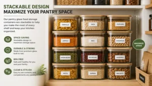 Stackable pantry glass food storage containers maximizing pantry organization space