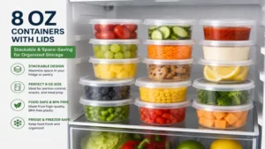 Stackable 8 oz containers with lids organized efficiently inside a refrigerator