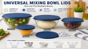 Universal mixing bowl lids compatible with various mixing bowl sizes and materials