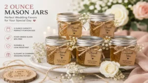 Elegant 2 ounce mason jars decorated as wedding favors for guests
