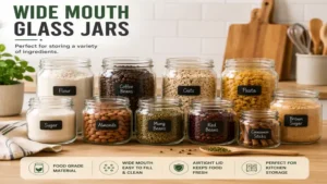 wide mouth glass jars filled with flour, sugar, coffee beans, oats, and pantry ingredients