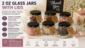 Decorative 2 oz glass jars with lids filled with treats as elegant wedding and party favors.
