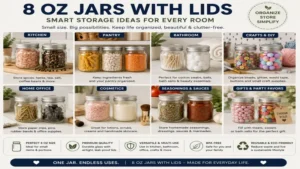 Creative storage ideas using 8 oz jars with lids for kitchen ingredients, bathroom essentials, office supplies, and household organization.