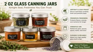 Airtight 2 oz glass canning jars keeping herbs, sauces, honey, and preserves fresh longer