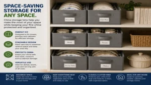 Compact china storage bins neatly arranged on closet shelves for space-saving organization