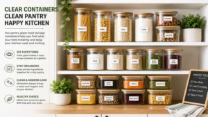 Clear pantry glass food storage containers helping maintain a clean and organized kitchen