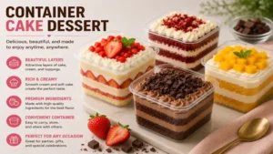 Attractive container cake dessert with colorful toppings and creamy cake layers