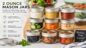 2 ounce mason jars used for meal prep, sauces, and portion-controlled storage