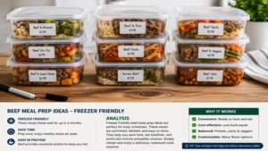 Freezer-friendly beef meal prep ideas stored in labeled containers for easy weekly meals