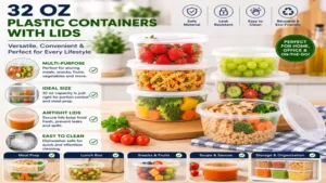 Freezer-safe 32 oz plastic containers with lids to preserve food freshness