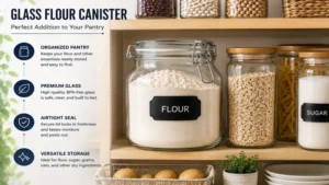 Glass flour canister neatly arranged with pantry staples for organized storage