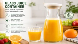 Clear glass juice container showcasing the natural color of freshly squeezed juice