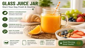 Glass juice jar served with a healthy breakfast of fresh fruit and yogurt