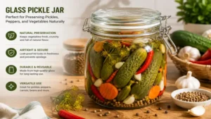 Glass pickle jar used for preserving pickles, peppers, and vegetables naturally