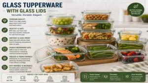 Glass tupperware with glass lids displayed as a versatile collection of reusable food containers